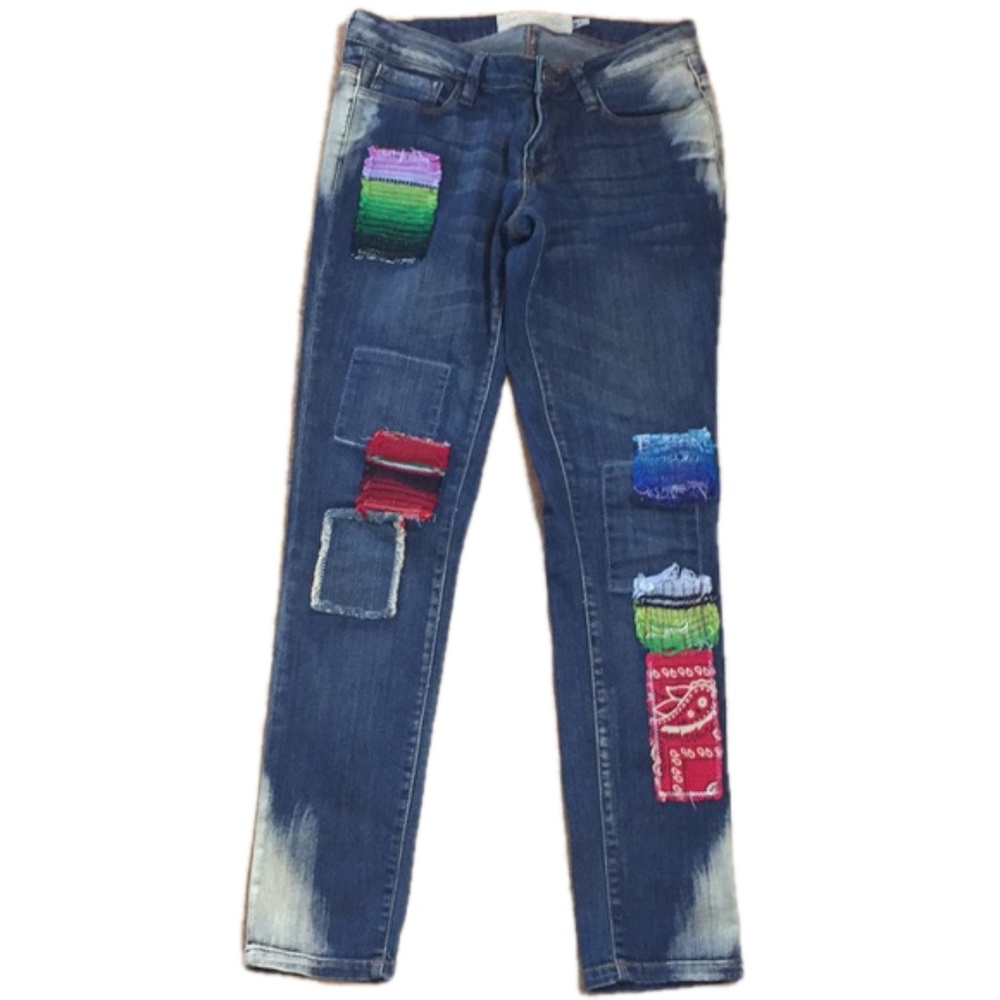Free People Patchwork Distressed Skinny Jeans Boho Denim